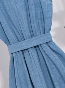 SHEIN Unity 法式优雅系带腰部设计独特连衣裙，时尚别致的女士风格，春夏 - 藍色 - 查看 8