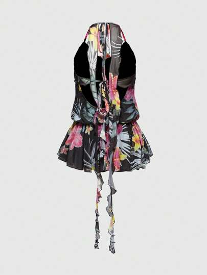 Robe mini à dos nu imprimé floral, tenue sexy pour la plage/le festival/les vacances