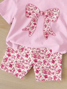 SHEIN Bộ 2 món/Bộ áo ngắn tay đơn giản thường ngày cho bé gái và quần short, thích hợp cho mùa hè - Nhiều màu - Xem 4