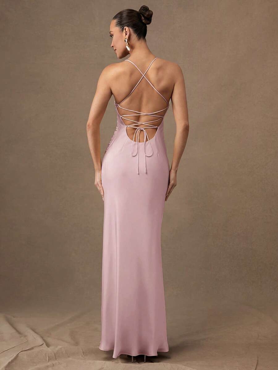 Silquee 奢华性感，优雅正式舞会礼服，早春夏季礼服，浅黄色纯色礼服，婚礼当天礼服，结婚周年纪念礼服，浪漫情人节&约会&礼服&华丽女士纯色，连衣裙女士弹性，高开衩不对称下摆设计 - 粉色 - 查看 1