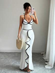 Selianne 2pcs Set Women Contrast Trim Halter Backless Swimsuit With High Waist Flounce Long Maxi Skirt, Summer Beach Cruise Holiday Vacation Swimwear Set - Black and White - View 1