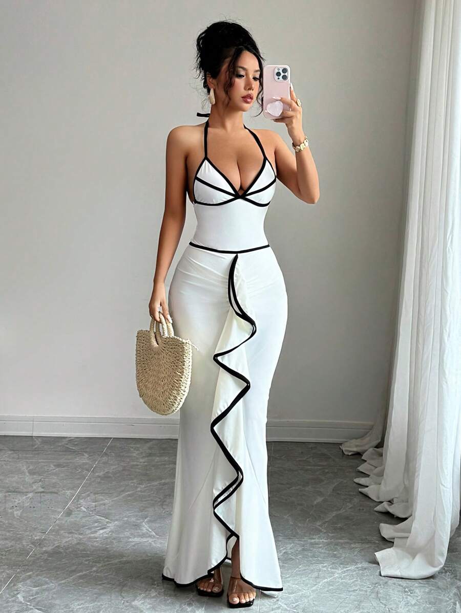 Selianne 2pcs Set Women Contrast Trim Halter Backless Swimsuit With High Waist Flounce Long Maxi Skirt, Summer Beach Cruise Holiday Vacation Swimwear Set - Black and White - View 1