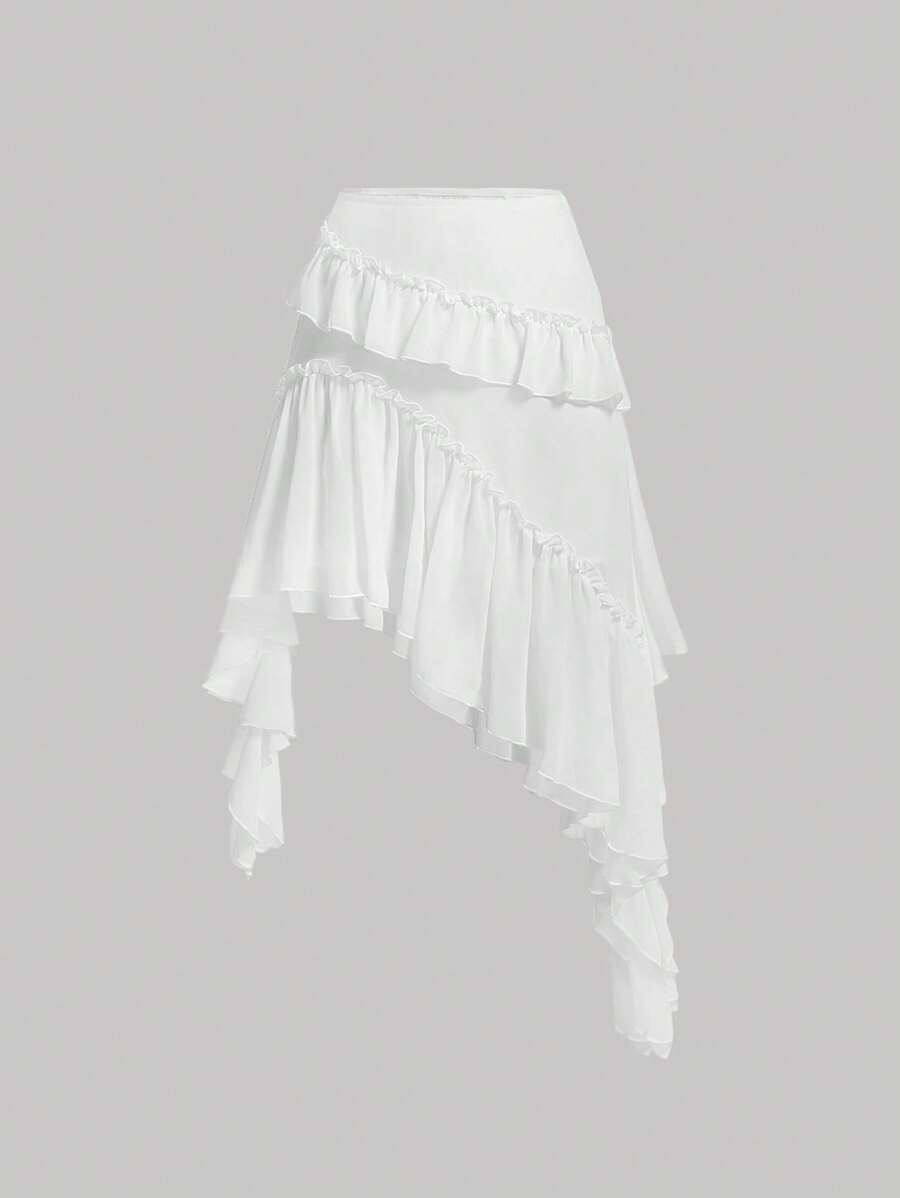 SHEIN Girlism 青少年女孩休闲时尚针织法式优雅不对称多层荷叶边下摆白色裙子 - 白色 - 查看 1