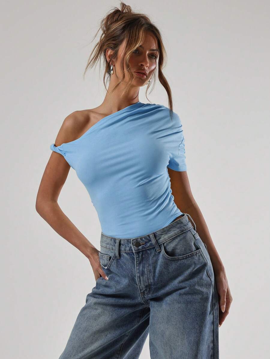MUSERA Body asimétrico de hombro casual para primavera, verano, vacaciones y regreso a clases - Azul - Ver 1