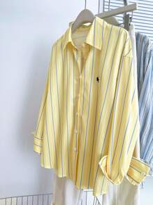 INAWLY Women Casual Commuter Striped Long Sleeve Shirt - Yellow - View 4