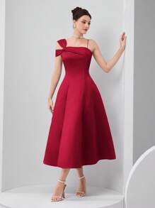 Modelyn Đầm dài vai bất đối xứng tối giản màu trơn cho nữ, mặc thường ngày - Đỏ - Xem 4