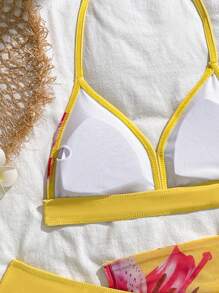 Set de traje de baño de 3 piezas para adolescentes con bikini triangular estampado floral y falda de playa, adecuado para vacaciones, estilo retro, playa, océano, elegancia y ternura