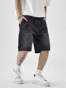 Chillumni 男士休闲街头风格口袋5膝盖长度牛仔短裤男士牛仔短裤 - 黑色 - 查看 1