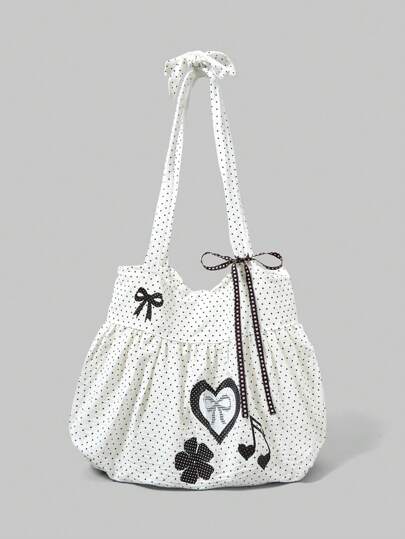 Anime Elegant Bowknot & Vintage Heart-Shaped Women Crossbody Bag, Minimalist Polka Dot Flower Music Note Large Tote Bag, Fits Laptop, Suitable For Daily Commute