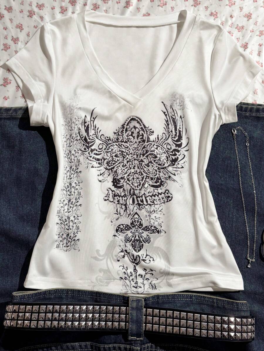 SHEIN EZwear 女士时尚 Y2K 短款上衣、性感短袖 T 恤、春夏衬衫 - 白色 - 查看 1