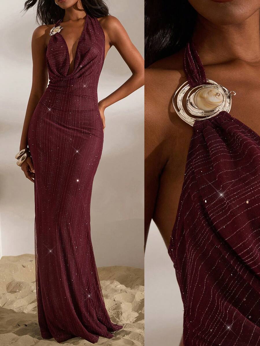 Opulessa 女式纯色针织网眼露背鱼尾吊带连衣裙