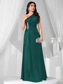 Coutiva New Fashionable Elegant Fitted Asymmetric Collar Sleeveless Dress - Dark Green - View 5