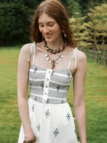 Florisole Women's White Boho Midi Dress Sleeveless Spaghetti Strap Summer Dress With Ruffle Hem And Geometric Print - White - View 5
