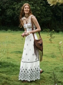 Florisole Women's White Boho Midi Dress Sleeveless Spaghetti Strap Summer Dress With Ruffle Hem And Geometric Print - White - View 6