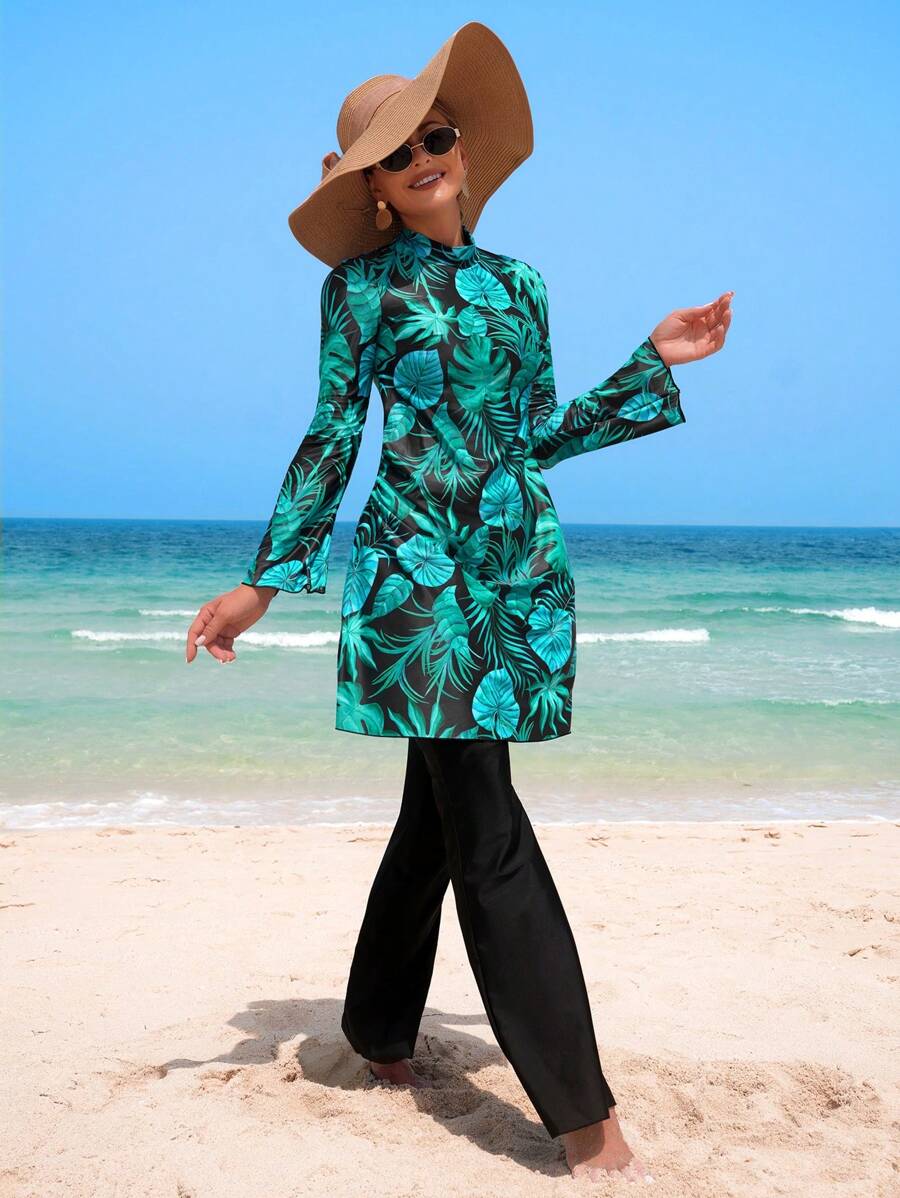 Swim Mulvari 2pcs Muslim Women Long Sleeve Top And Long Pants Modest Swimsuit Set For Summer Beach Vacation - Multicolor - View 1