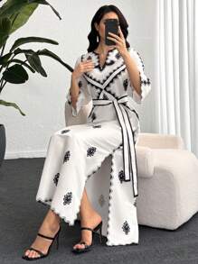 SHEIN Lacomfia 女式 V 领印花阿拉伯风格度假连衣裙，春夏 - 杏色 - 查看 5