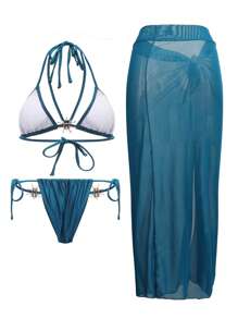 Swim Oasis 基本款泳衣三件套：女式夏季海滩度假纯色露背上衣、侧系带泳裤和罩衫裙泳装