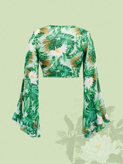 The White Lotus Cardiganes de mujer de gasa para playa y vacaciones de verano con nudo delantero, mangas acampanadas y puños con volantes
