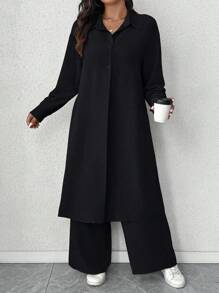 Elenzga 大码皱褶纹理翻领长袖衬衫和阔腿宽松裤两件套，适合外出和通勤的休闲装 - 黑色 - 查看 7