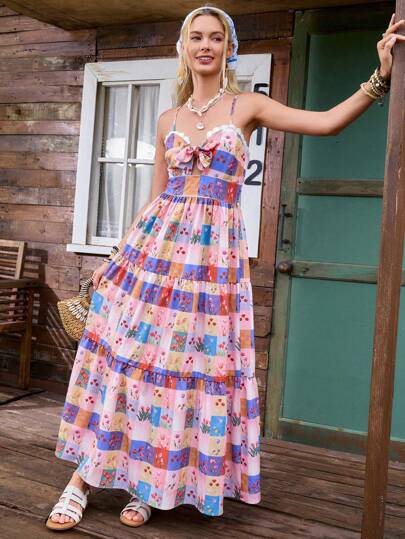 LanaWest Vestido midi de mujer con estampado, tirantes finos, encaje contrastante y lazo en la parte delantera