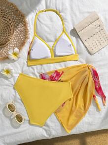 Set de traje de baño de 3 piezas para adolescentes con bikini triangular estampado floral y falda de playa, adecuado para vacaciones, estilo retro, playa, océano, elegancia y ternura