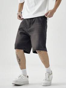 Chillumni 男士休闲街头风格口袋5膝盖长度牛仔短裤男士牛仔短裤 - 黑色 - 查看 4