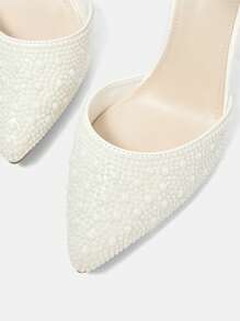 CUCCOO HITCHD 白色波尔卡圆点设计尖头细高跟鞋，浪漫优雅的白色缎面婚礼新娘鞋，伴娘鞋 - 白色 - 查看 9