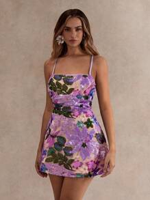 Vestido mini con tirantes de atar y espalda descubierta, bordado con lentejuelas, estilo campo francés - Morado - Ver 5