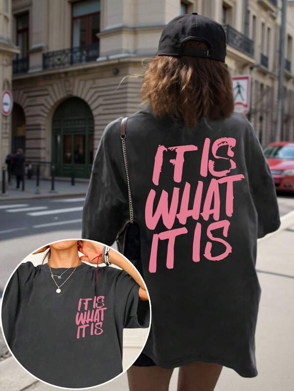 INAWLY Damen lässiges, einfaches T-Shirt mit Buchstaben-Muster und Kurzarm