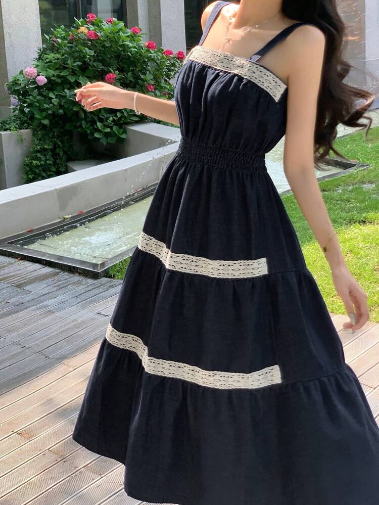 Square Neck Sleeveless Lace Patchwork Denim Dress For Women Maxi Dress