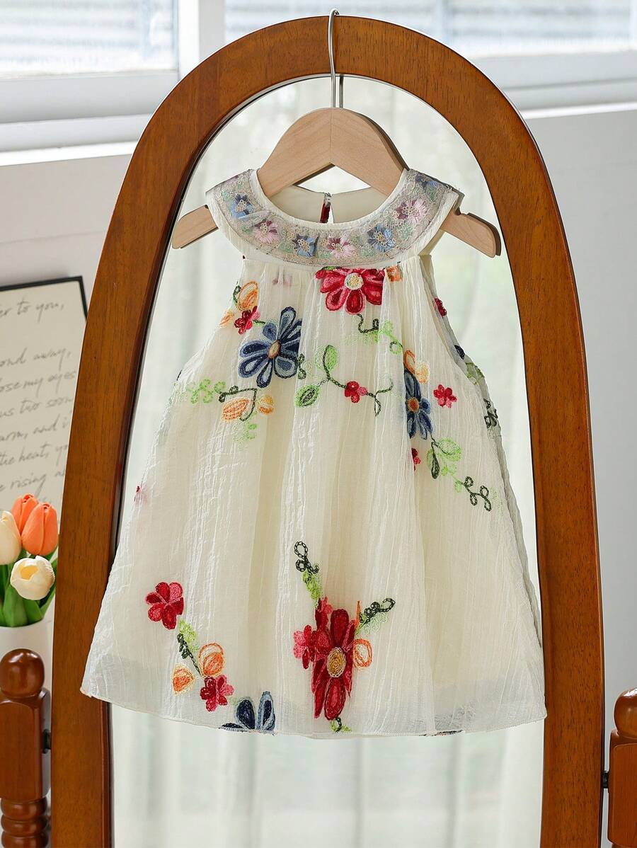 Baby Girls' Sleeveless Embroidered Dress, Sweet Style, Delicate Floral Pattern, Suitable For Holidays, Gatherings, Create An Elegant Little Princess Look - Apricot - View 1