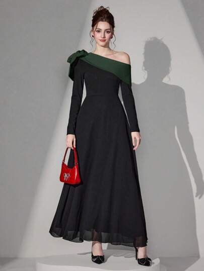 Poshira Elegant Color Blocking Asymmetrical Neckline Evening Dress