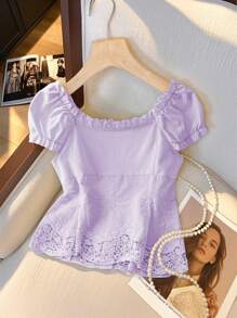 Franclia Women's Sweet & Elegant French Style Lace Trim Off Shoulder Tie-Up Slim Fit Cropped Shirt/Blouse, Spring/Summer