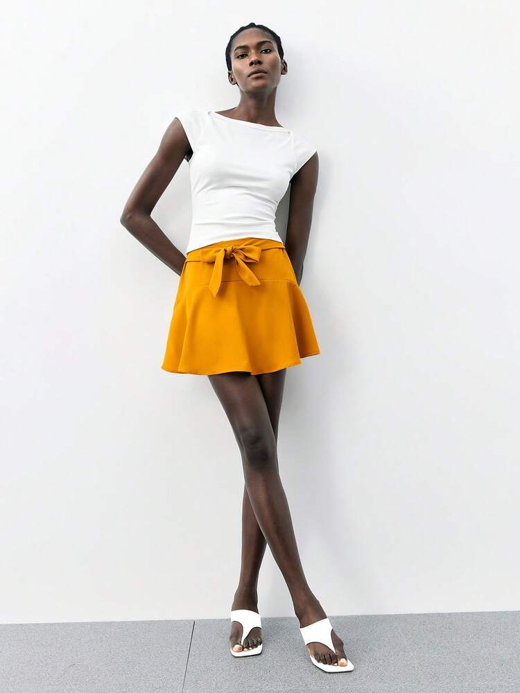 SHEIN Maija Women's Elegant Solid Orange Elastic Waist A-Line Mini Yellow Skirt With Bowknot And Hidden Zipper, Comfortable Casual Everyday Office Summer Wear