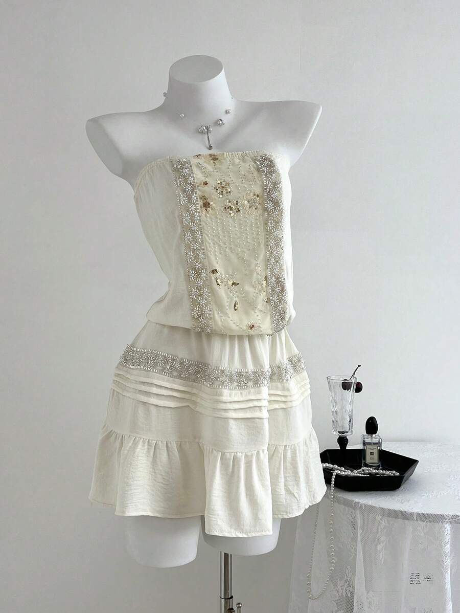 Elamini 女士亮片装饰露肩迷你连衣裙 - 杏色 - 查看 1