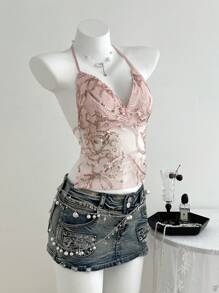 Elamini Sexigt glitterbroderat linne med rygglös halterneck för kvinnor för sommaren - Rosa - Visa 4