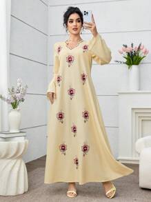 Al Najma Yellow Printed Loose Fit Turkish & Arabian Style Traditional Long Kaftan For Women - Yellow - View 5