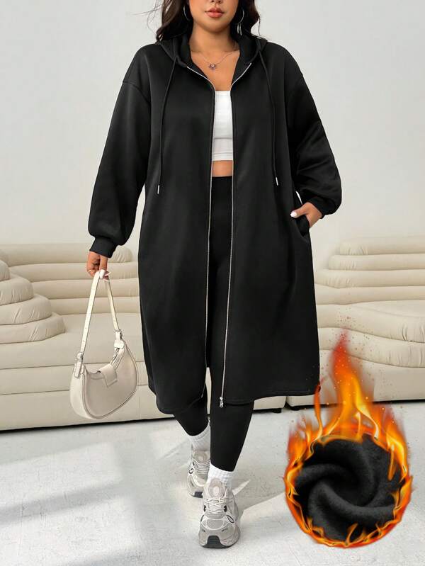 Solflare Chaqueta con capucha, de talla grande, de mujer, informal, de felpa, con hombros caídos, cremallera, y cordón ajustable, color negro