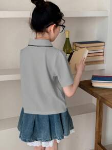 Dazy Kids Tween 女童夏季马匹印花 Polo 领短袖休闲 T 恤 - 灰色 - 查看 4