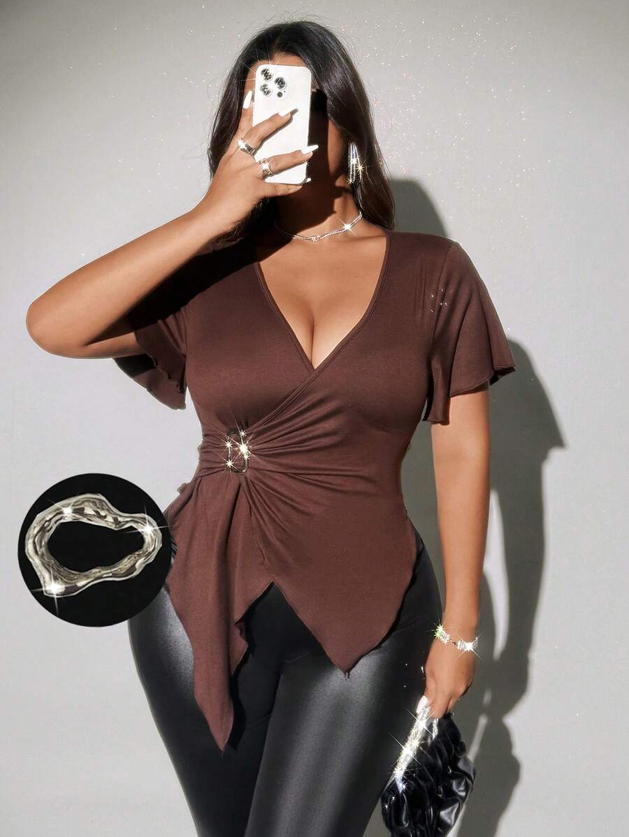 Viva Relle 大码 V 领金属装饰休闲系带修身度假 T 恤，夏季 - 棕色 - 查看 1