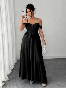 Elenzga Plus Size Women Elegant Spaghetti Strap Open Slit Dress - Black - View 9
