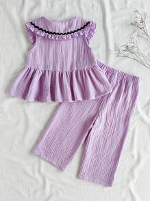 SHEIN Vintaside Kids 2 件女婴可爱时尚海军蓝领无袖上衣和裤子套装，学院风春夏装。 - 紫色 - 查看 2