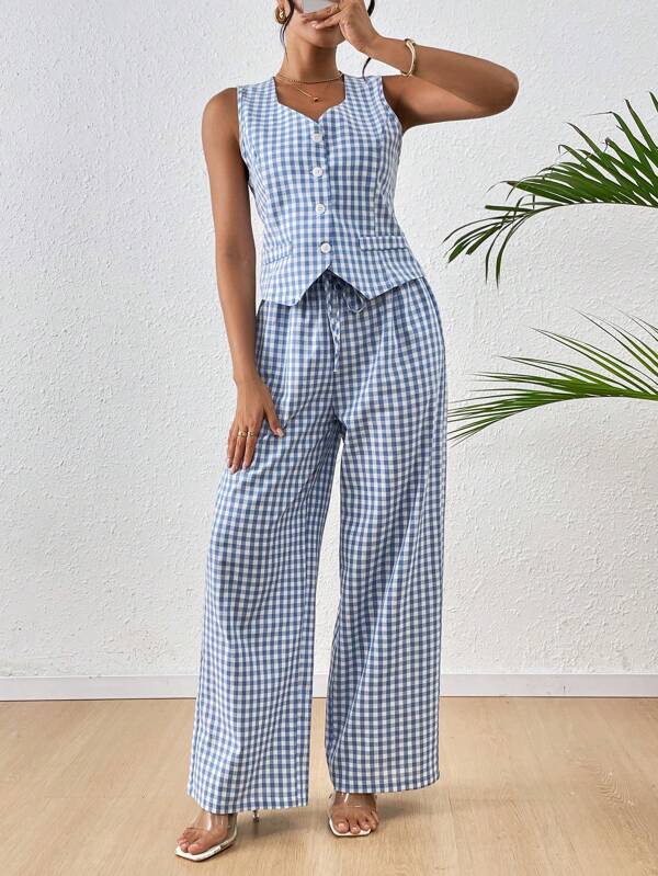 Chiquease Women's Casual Resort Style Square Neck Single Breasted Sleeveless Jacket And Wide Leg Pants Set