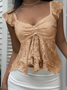 SHEIN EZwear Áo thun nữ màu kaki thanh lịch, cổ vuông, tay ngắn, viền ren xếp ly, thích hợp cho mùa hè. - Màu Khaki - Xem 4