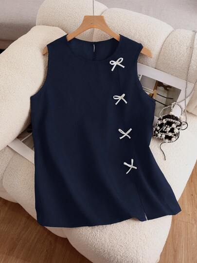 SHEIN Frenchy 大码蝴蝶结印花圆领无袖上衣