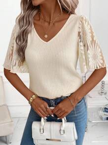 SHEIN Clasi Camisa T de Babados de Manga Remendada em Tecido Waffle Elegante Feminina, Versátil para Uso Diário, Transporte e Múltiplas Ocasiões