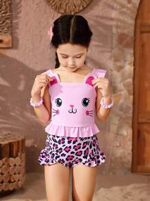 Conjunto de traje de baño con estampado de dibujos animados y volantes con estampado de leopardo para niña - Multicolor - Ver 3