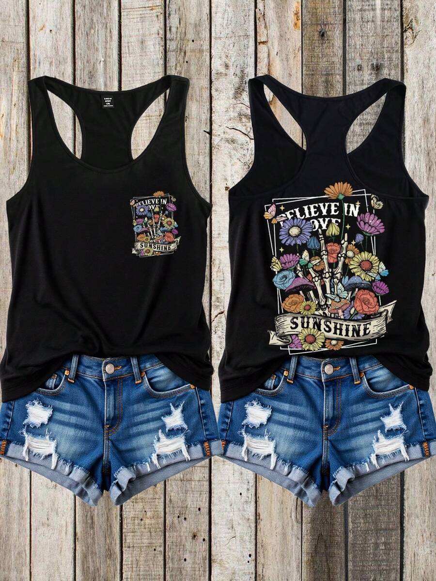 EMERY ROSE 花卉和骷髅印花休闲简约大码吊带背心，适合夏季