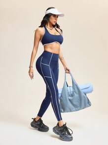 Innovista Innovista Sculpt & Ultra Sports Set,Navy Blue And White,Summer,Athleisure,Gym Active 2pieces Sets,Workout Bra & High Rise Leggings,Squat Free,Buttery Soft - Blue - View 11