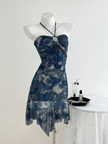 Elamini Women Sexy Summer Rockabilly Paisley Mesh Fabric Vacation Resort Style Resin Circle Decor Spaghetti Strap Camisole Slip Dress - Blue - View 3